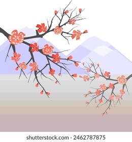 pink cherry blossom tree illustration, Includes illustrations of stems, blooms, petals, and buds. Japanese cherry blossoms