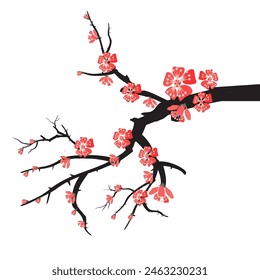 pink cherry blossom tree illustration, Includes illustrations of stems, blooms, petals, and buds. Japanese cherry blossoms