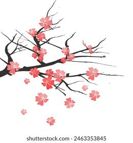 pink cherry blossom tree illustration, Includes illustrations of stems, blooms, petals, and buds. Japanese cherry blossoms