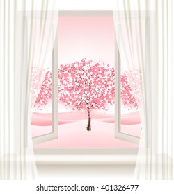 Pink cherry blossom tree view from a window. Vector.