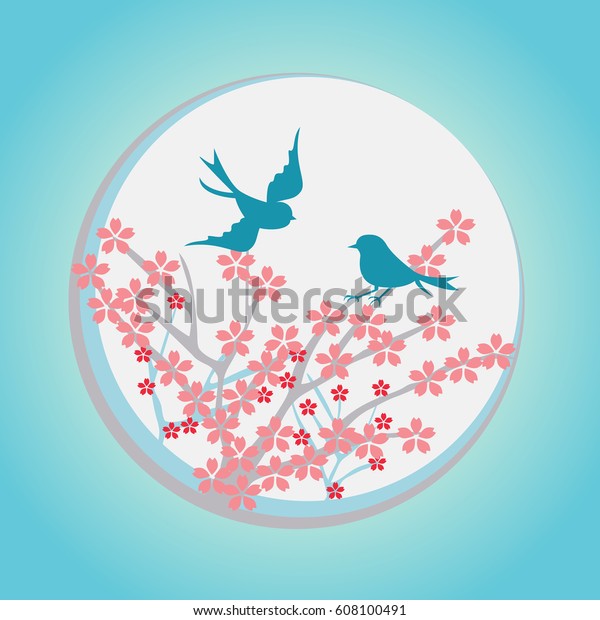 Pink Cherry Blossom Two Blue Birds Stock Vector Royalty Free