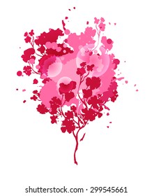 Pink cherry blossoming three silhouette with Watercolor Splash for decoration of posters, typography, flyers, print design and other. Vector illustration isolated on white.