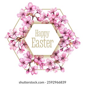 Pink cherry blossoms arranged in hexagonal frame with Happy Easter text in elegant gold centered lettering. Delicate spring tree flowers with intricate petals. Easter holiday cards template.