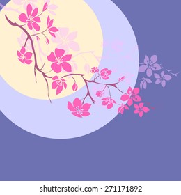 pink cherry blossoms branch is on the background of the moon. Vector illustration