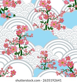 Pink cherry blossoms on a blue wave pattern.