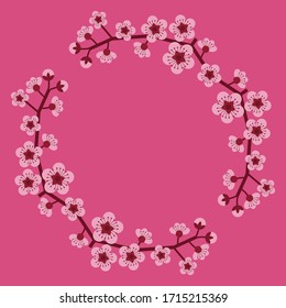 Flores de cerezo rosa en una rama de árbol dispuestas en una corona sobre fondo de color frambuesa cuadrado
