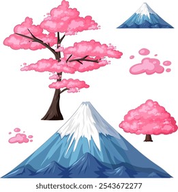 Pink cherry blossoms with a snowy mountain