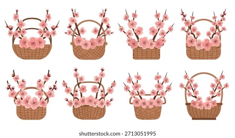 Flores de cereja rosa em cestas tecidas