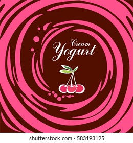 Pink cherry. Cream Yogurt.  Chocolate swirl background. Vector illustration