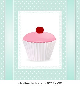 pink cherry cupcake on a white label against a blue polka-dot background with ribbons