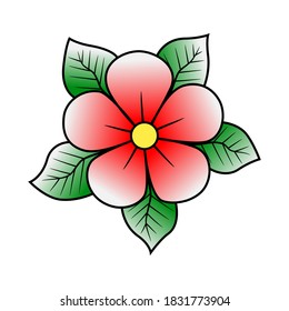 Pink cherry flower with green leaves old school classic traditional tattoo. Hand Drawn Black Outline Doodle Logo Icon. Stock vector illustration isolated on white background.