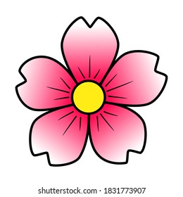 Pink cherry flower old school classic traditional tattoo. Hand Drawn Black Outline Doodle Logo Icon. Stock vector illustration isolated on white background.