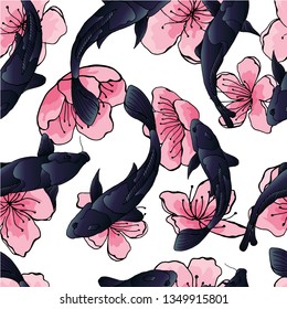 Pink cherry flowers, black  koi fish in oriental style. Seamless background, vector hand drawn illustration on white backdrop.