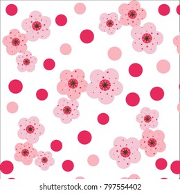 pink cherry flowers and circles on a white background