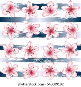 Pink cherry flowers and dark blue paint brush stroke stripes seamless vector pattern, spring background. Blossom elements and horizontal lines repeating ornament. Elegant floral pattern.