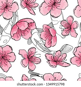 Pink cherry flowers, graphic koi fish in oriental style. Seamless background, vector hand drawn illustration on white backdrop.