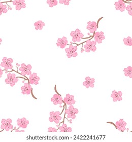 Pink cherry flowers on white. Spring background. Floral seamless pattern. Vector cartoon illustration.