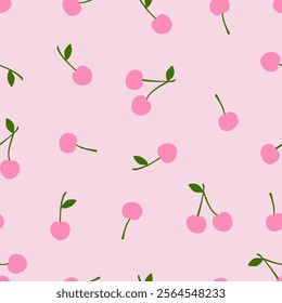 Pink cherry and green leaves seamless pattern vector. Cute cartoon fruit, little cherries repeat pattern for fabric, wrapping, textile, wallpaper, card, paper gift, phone case.