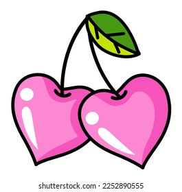 Cerezo rosa en forma de corazón. Diseño de iconos. Amo cereza dibujado a mano. Ilustración vectorial aislada en fondo blanco. 