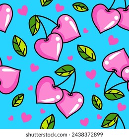 Pink cherry in heart shape seamless pattern. Icon design. Ornament with cherry hearts seamless pattern for Valentine's day. Cute pink hearts seamless pattern. Vector illustration 