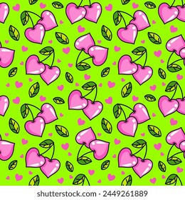 Pink cherry in heart shape seamless pattern. Icon design. Ornament with cherry hearts seamless pattern for Valentine's day. Cute pink hearts seamless pattern. Vector illustration 