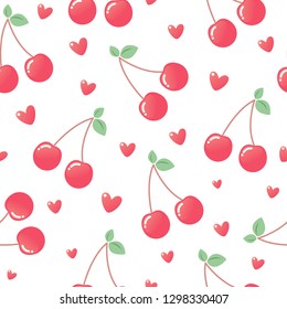 Pink cherry and hearts. Seamless vector pattern on white background