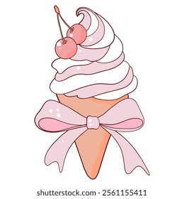 Pink Cherry Ice Cream Cone with Ribbon Bow