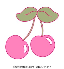 Pink cherry icon in cartoon style. Nostalgia for the 2000 years. Y2k style. Simple flat linear vector illustration isolated on a white background.