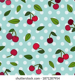 Pink cherry and leaves, cartoon illustration with outline, over a sky blue polka dot background seamless pattern