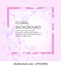 Pink cherry leaves flying in the air. Beautiful soft background for your text. Template poster for the company.