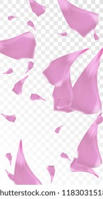 Pink Cherry Petals Falling Down. Isolated Vector illustration of Cherry Petals. Flying Pink Sakura Blossom Background. Design of Greeting or Invitation Card. 
