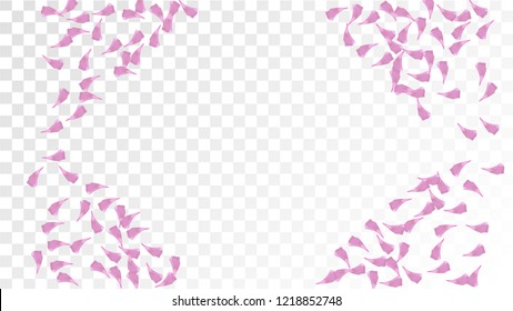 Pink Cherry Petals Falling Down. Isolated Vector illustration of Cherry Petals. Flying Pink Sakura Blossom Background. Design of Greeting or Invitation Card. 

