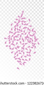 Pink Cherry Petals Falling Down. Isolated Vector illustration of Cherry Petals. Flying Pink Sakura Blossom Background. Design of Greeting or Invitation Card. 
