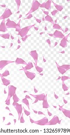 Pink Cherry Petals Falling Down. Isolated Vector illustration of Cherry Petals. Flying Pink Sakura Blossom Background. Design of Greeting or Invitation Card. 

