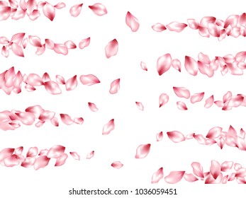 Pink cherry petals flying vector valentine background. Spring falling flower parts confetti, blossom elements celebration design. Abstract flower blossom petals background vector on white.