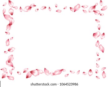 Pink cherry petals flying vector invitation background. Spring falling flower parts confetti, blossom elements celebration design. Springtime flower blossom petals frame background pattern.