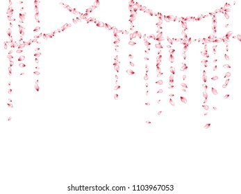 Pink cherry petals flying vector spa background. Spring falling flower parts confetti, blossom elements seasonal design. Idyllic flower blossom petals poster vector background.