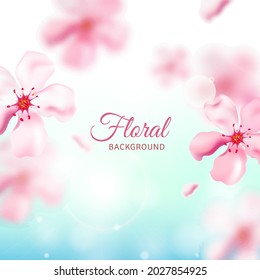 Pink Cherry Or Sakura Flowers Decorated On Blue Background.