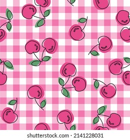 pink cherry seamless summer pattern with pink and white gingham vector checkered seamless pattern