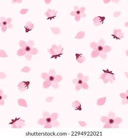 Pink cherry tree flowers seamless pattern on soft pink background. Sakura blossom pattern. Vector illustration in flat style