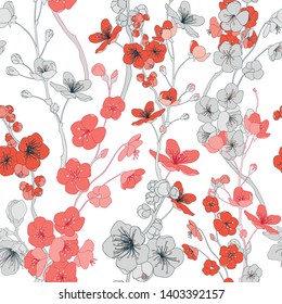 Pink Cherry Vector Seamless Art Botanical Pattern