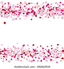 Pink and cherry wedding background, invitation card template. Vector heart confetti border with place for text. Valentine's day banner or card frame.