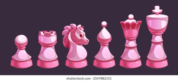 Peças de xadrez rosa com peão, torre, cavaleiro, bispo, rainha e rei em estilo cartoon. Figuras brilhantes para aulas de jogos de tabuleiro ou clube, design de interface de hobby ou materiais educativos.