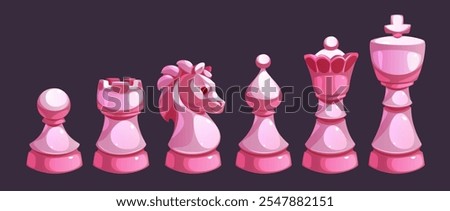 Pink chess pieces set featuring pawn, rook, knight, bishop, queen and king in cartoon style. Glossy figures for chessboard game lessons or club, hobby interface design or educational materials.