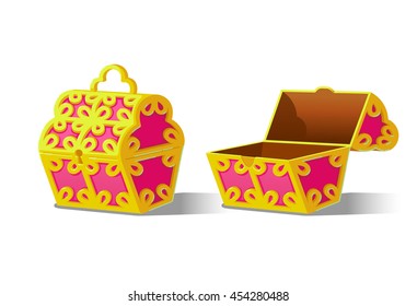 Pink Chest set for game interface.Vector illustration. Treasure on white background: closed, empty.