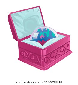 Pink chest with treasure ball vector illustration. Open case isolated on white background