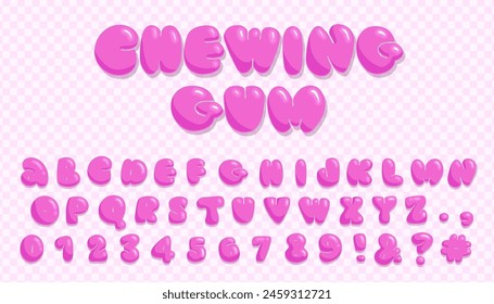 Pink Chewing gum font. Girly sweet latin alphabet, kidcore letters and numbers, cartoon funny chubby abc, childish plump lollipop capitals. Trendy typeface vector cartoon isolated set