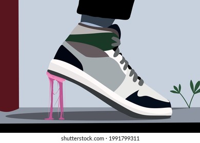 Pink Chewing Gum Stuck To The Shoe Vector Illustration