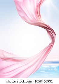 Pink chiffon elements, flying cloth on ocean background in 3d illustration