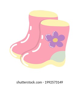 Pink children's rubber boots with a yellow sole and a purple flower on the side. Pair of boots in cartoon style isolated on white background.  Children's footwear. Macro closeup. 